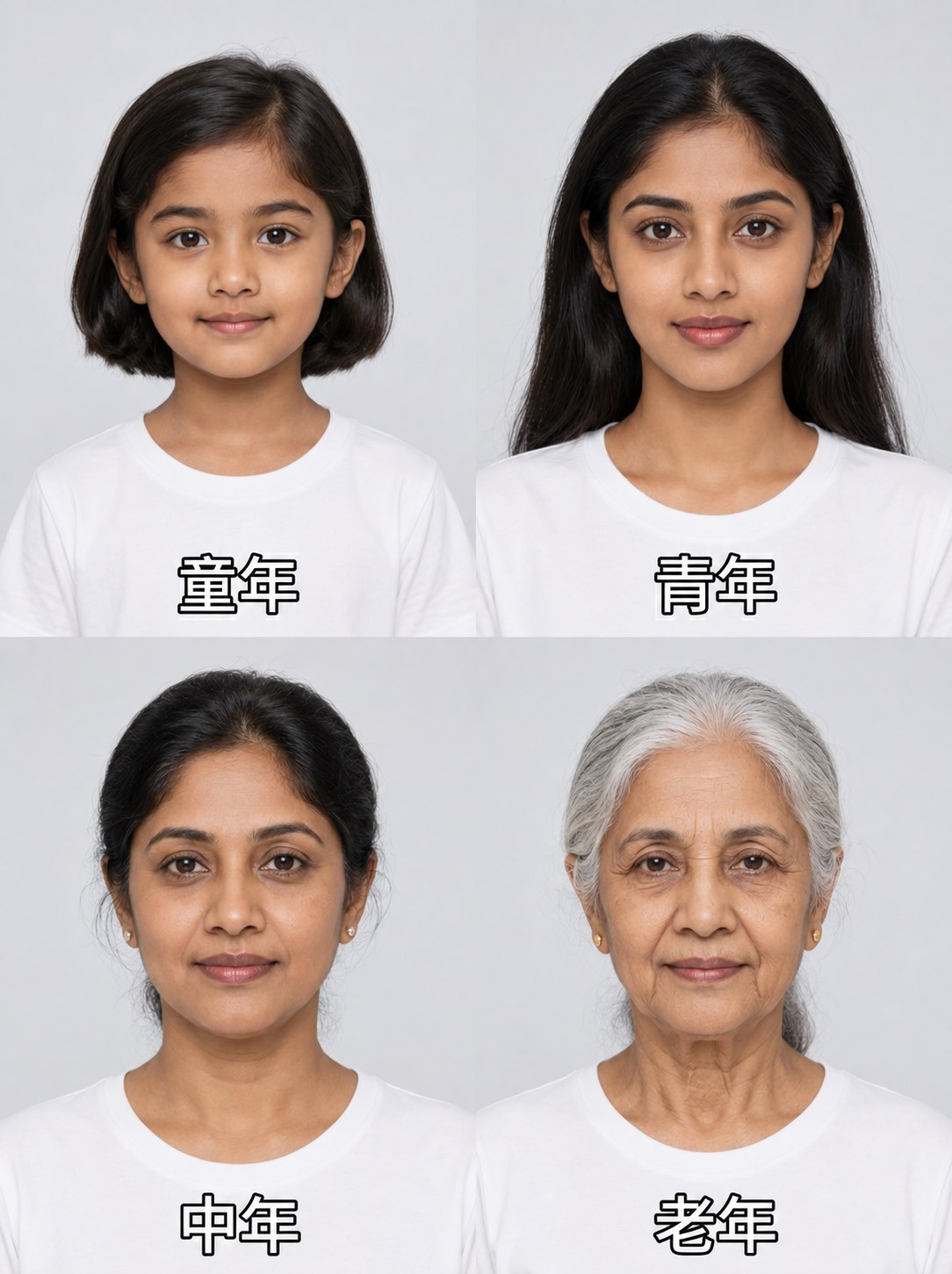 2x2 Indian female life stage portrait grid example with Chinese age labels on white shirts