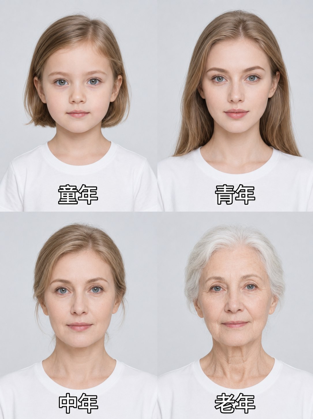 2x2 life stage portrait grid example with Chinese age labels on white shirts